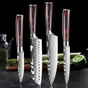 4 PCS Kitchen Knives Set Chef Knife Sets 4Cr13 Stainless Steel Damascus Pattern Pakkawood Handle Paring Utility Santoku knifes