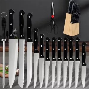 MDHAND 15pcs Kitchen Knife Set with Solid Wood Block Suitable for Chef preparing meat, melons, fruits, Vegetables Food Cutting