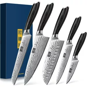 5 Pieces Knife Set, Professional Powder Steel Chef Knife Set, Ultra Sharp Japanese Kitchen Knives Set with Ergonomic Pakkawood H