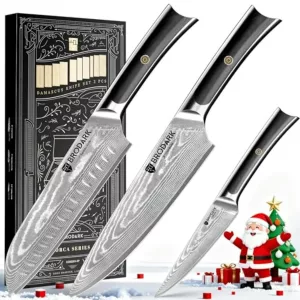Damascus Chef Knife 3 PCS, VG10 Steel Full Tang Sharp Professional Japanese Chef Knife Set for Kitchen, Christmas, Ergonomic Pak