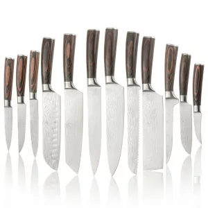 Ultimate 12Pcs Professional Kitchen Knife Set, Damascus Laser Pattern High Carbon Stainless Steel Knives, Ergonomic Wood Grain H