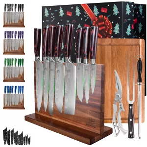 13pcs Stainless Steel Chef Knife Block Set with Magnetic Holder Meat Fork Chicken Scissors Cutting Board Kitchen Knife Tools Set