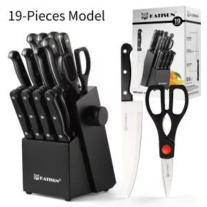 19 Pieces Carbon Steel Kitchen Knife Block Set, Built-in Sharpener and Meat Fork, German Steel, Dishwasher Safe