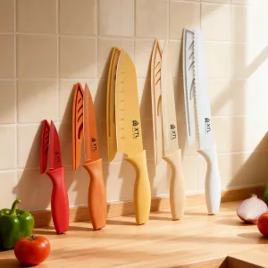 10-Piece Ceramic Coated Knife Set with Protective Sheaths - Non-Stick Razor Sharp Professional Kitchen Knives for Home Cooking