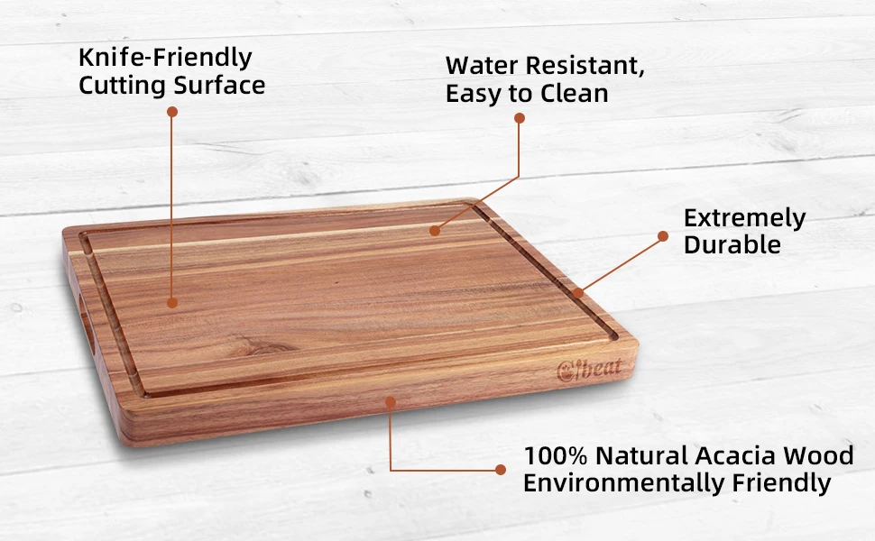 Acacia cutting board with perimeter juice groove