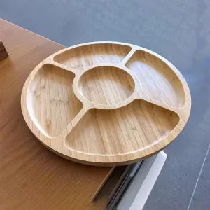 Bamboo Fruit Tray Round Five Compartment Fruit Plate for Snacks Fruits Nuts Wooden Plate with Dividers