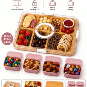 Kitchen Party Serving Tray Set with Transparent Lid, Bamboo Board and 4 Pink Containers