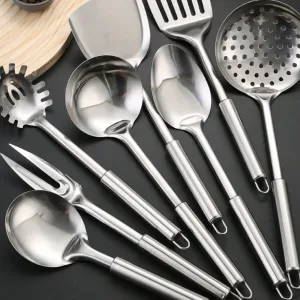Stainless Steel Utensils Set Modern Minimalist Kitchen Cooking Utensils Polished Stainless Steel Ergonomic Hollow Handle 8 Piece Set Spatula Ladle Skimmer Serving Tools Set For Kitchen Cooking Dishwasher Safe Housewarming Gift
