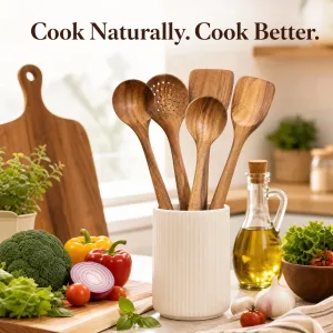 5pcs Wooden Utensil Set with Hanging Holes, Food Grade Spoons and Spatula 24-33.7cm, Non-Toxic Smooth Kitchen Tools for Cooking