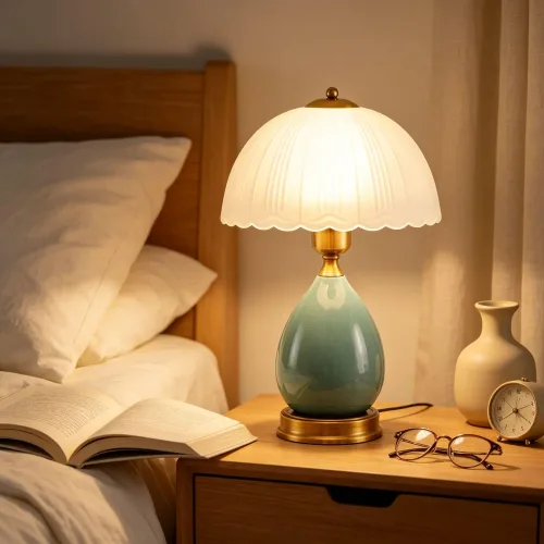 Vintage Green Ceramic Table Lamp with Scalloped Frosted Glass Shade photo review