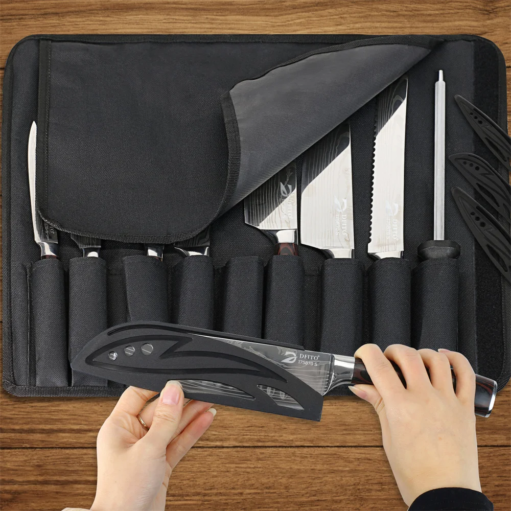 Eight-piece kitchen knife set with patterned blades and wood handles