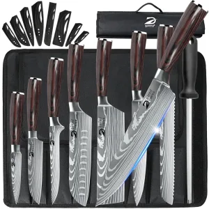 8-Piece Damascus-Style Kitchen Knife Set with Wood Handles & Nylon Bag