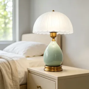 Vintage Green Ceramic Table Lamp with Scalloped Frosted Glass Shade