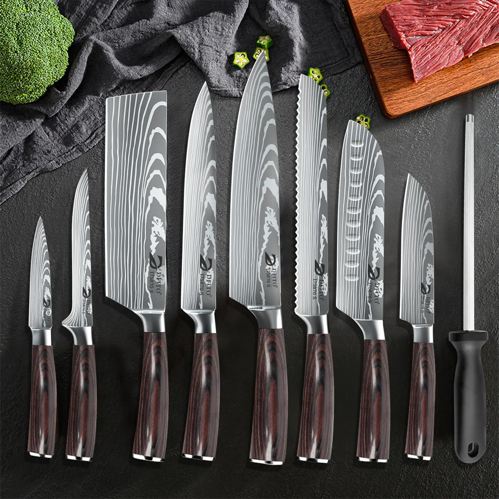 Wood handle kitchen knife set with patterned blades